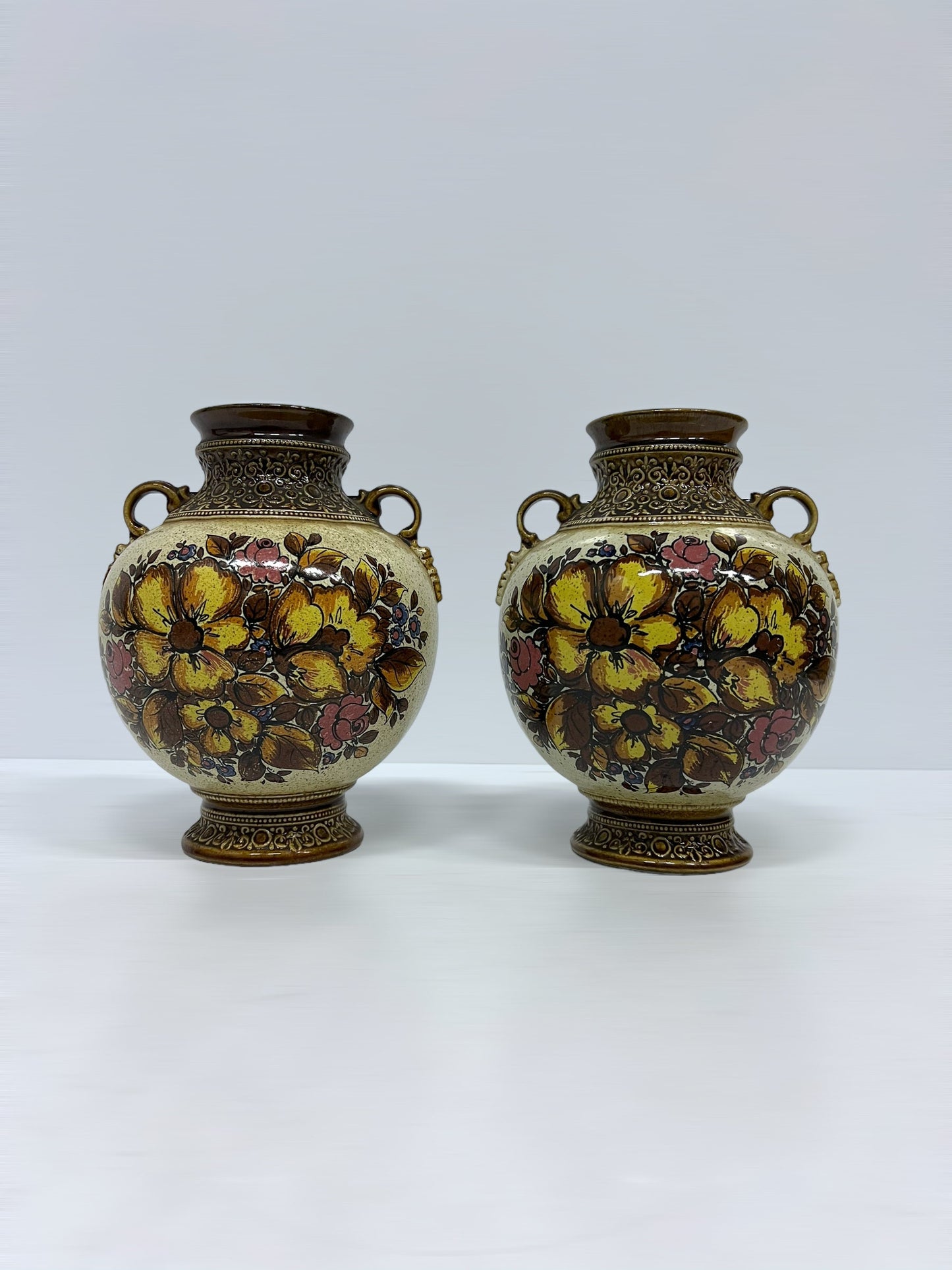 1 of 2 Marzi & Remy Vases, Mid Century Ceramics Pot, Floral Flower Decorated, Brown Vase With Ears