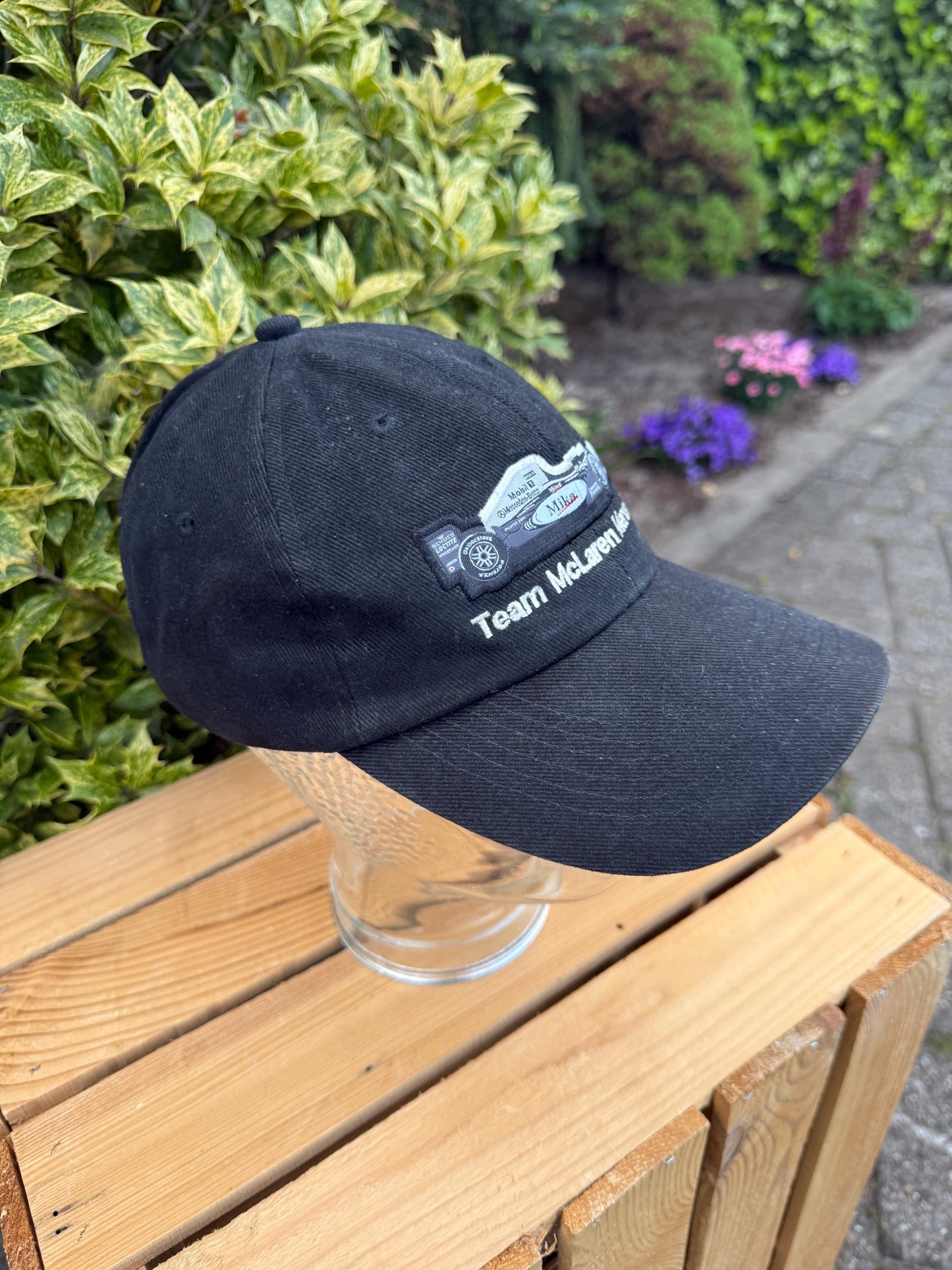 Vintage McLaren Mercedes F1 Cap, Black Racing Hat with West Sponsor & Car, Formula 1 Team Gear, Adjustable Fit