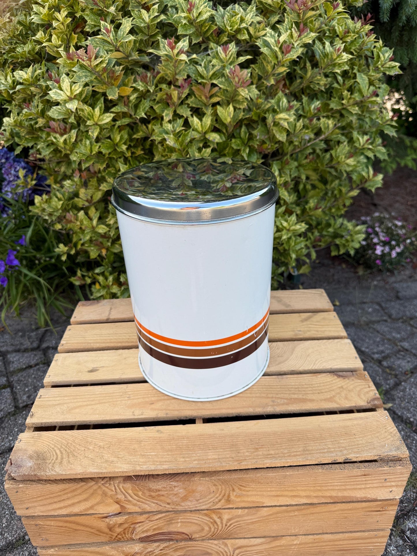 Vintage Brabantia Storage Canister, Large White Tin with Orange and Brown Stripes, Shiny Metal Lid, 1970s Dutch Kitchen Container