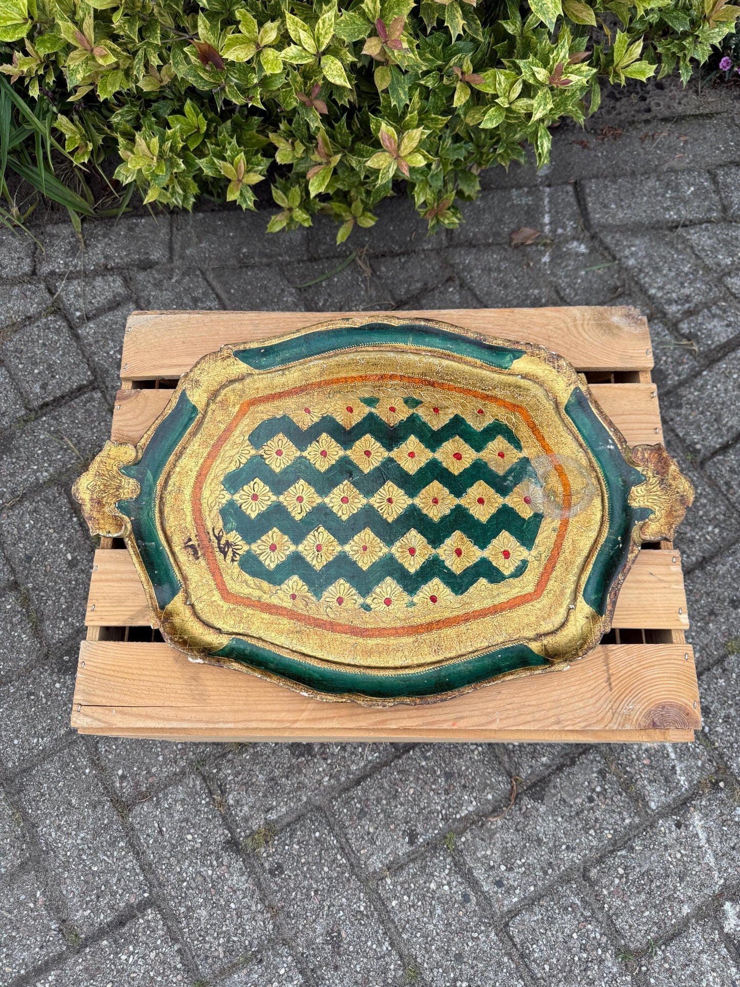 Vintage Florentine Tray, Italian Toleware, Hand-Painted Wood, Green Gold Gilt, Baroque Style, Serving Platter, Made in Italy