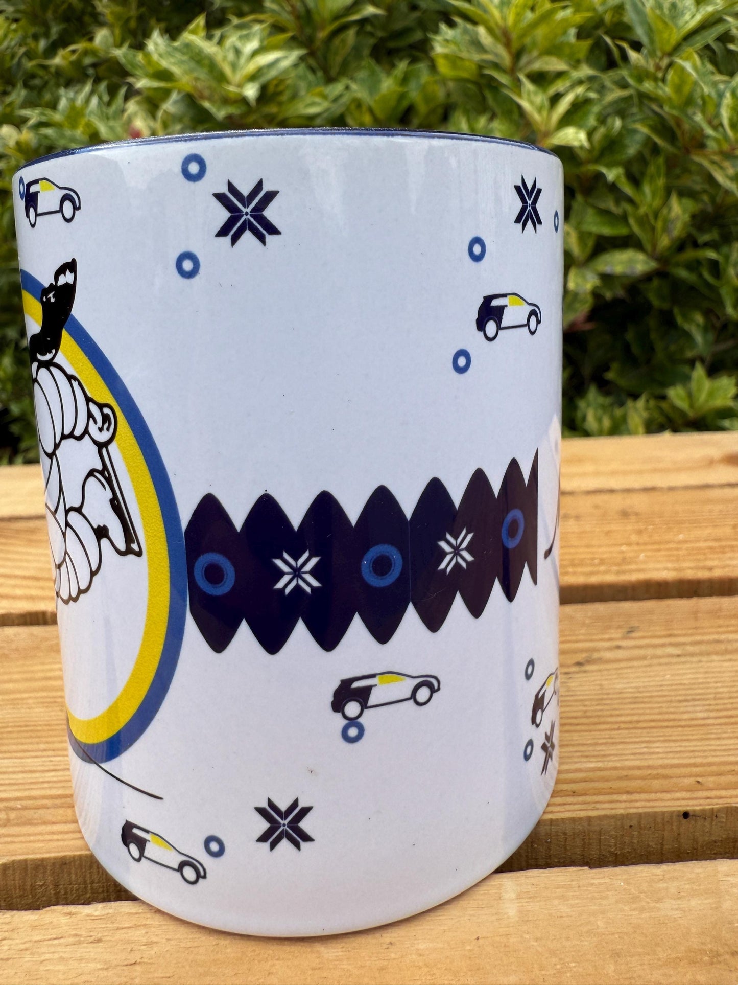 Vintage Michelin Mug, Bibendum Ice Skating Design, Collectible French Advertising Cup, Blue White Ceramic Coffee Tea Mug