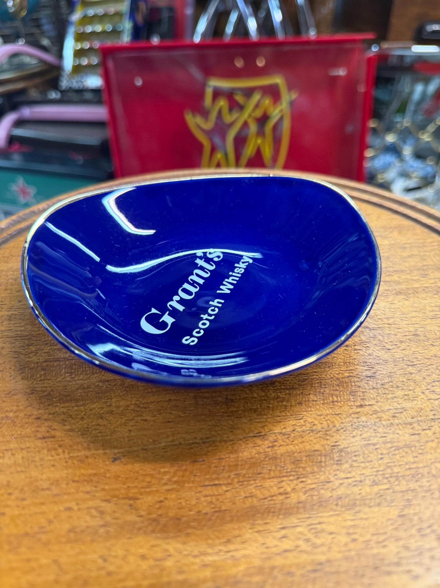 Vintage Grants Scotch Whisky Glass Bowl, Blue Advertising Dish, Barware Collectible, Triangle Shape, 1980s Promo Item