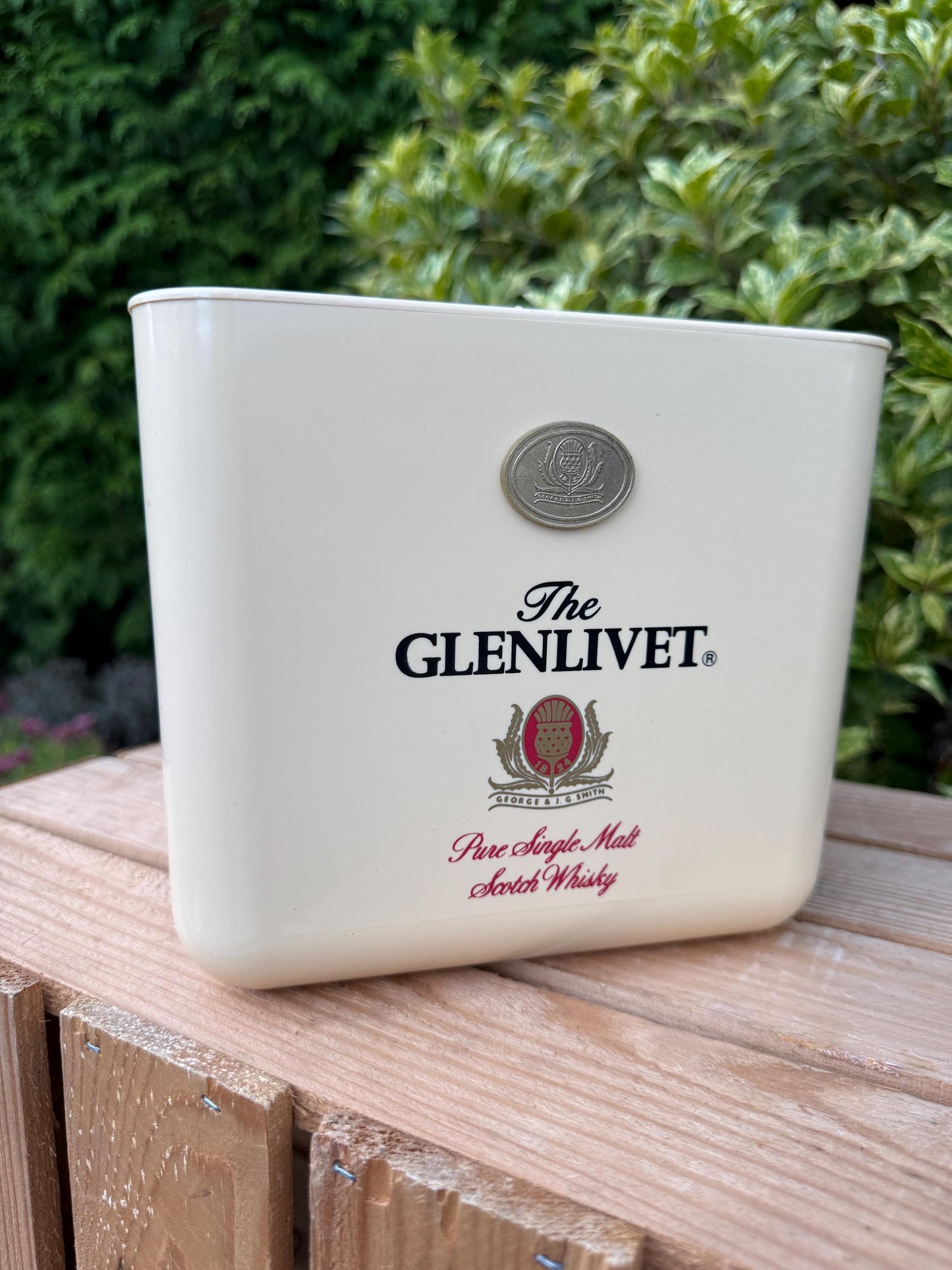 Vintage Glenlivet Ice Bucket, Whisky Barware, 1980s Cream Plastic Cooler with Medallion Logo, Scotch Advertising Collectible