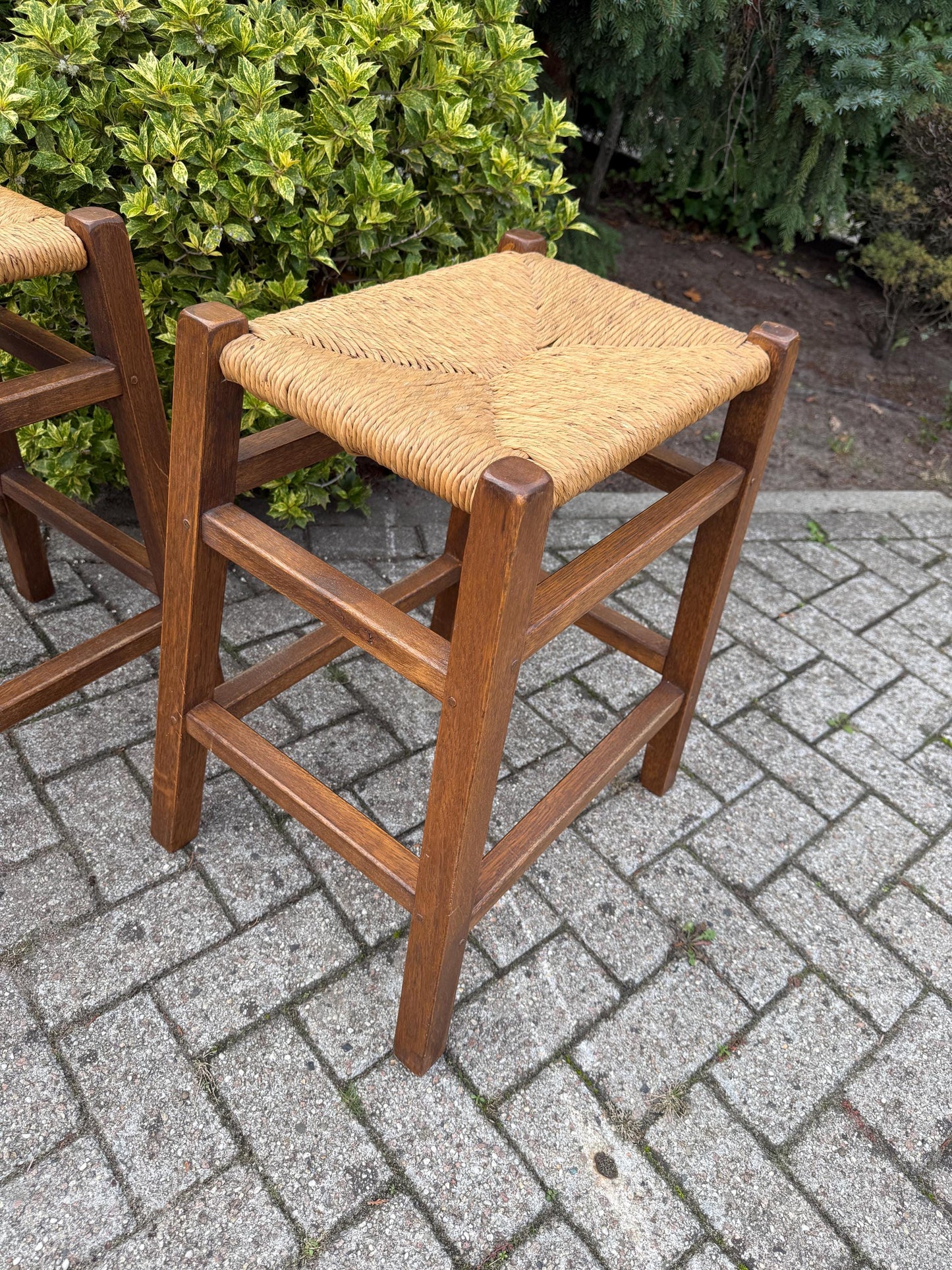 Set Of 2 Vintage Wooden Bar Stools, Farmhouse Style Furniture, Wide Rattan Cane Seats, Rustic Counter Stools, 1970s Wooden Seating