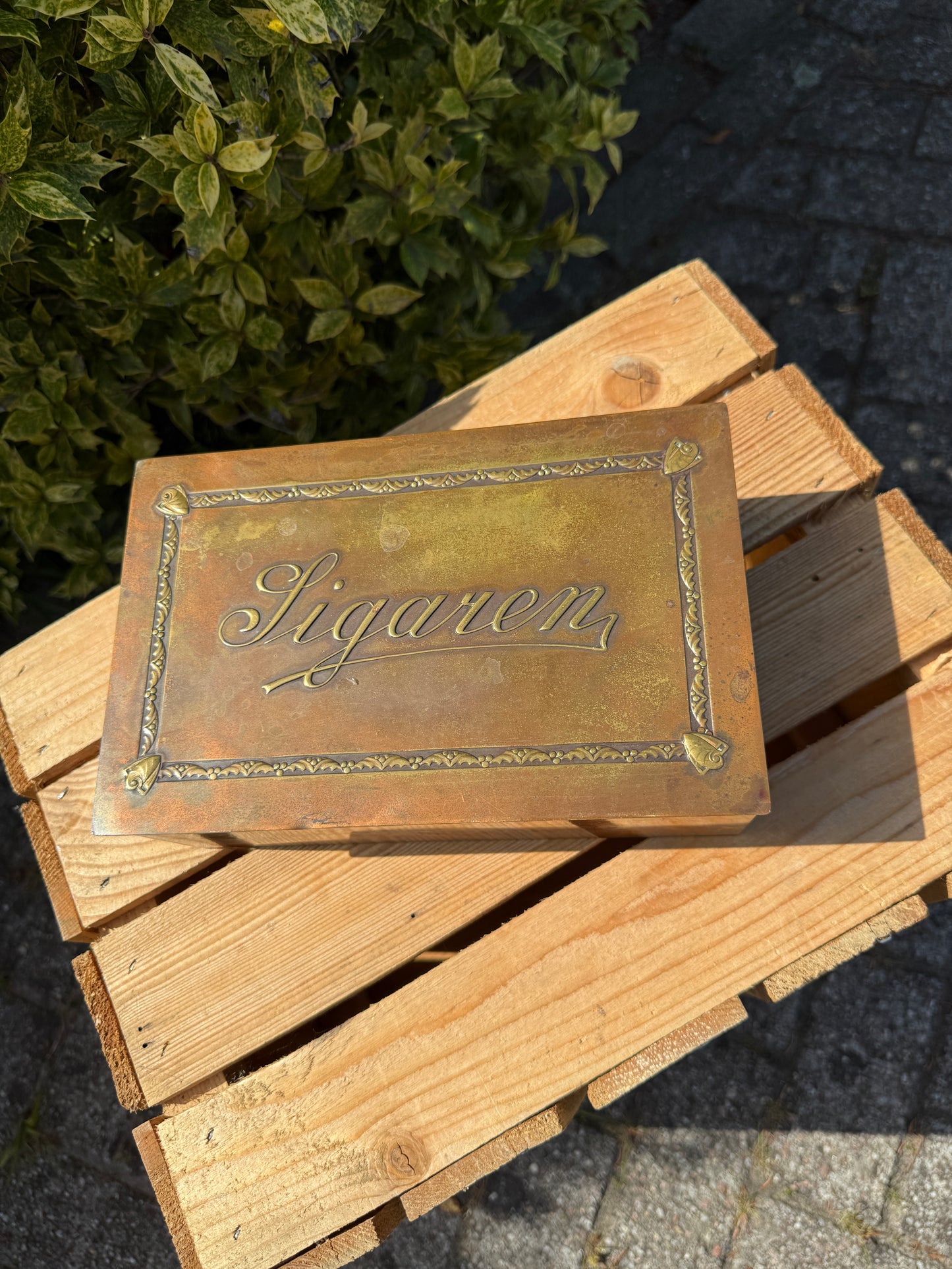 Vintage sigarendoos messing & hout
