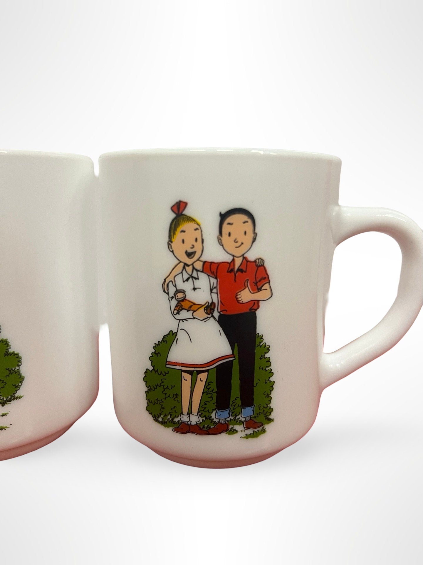 2 Suske & Wiske Mugs, Vintage Arcopal France 1995, Opal Glass Coffee Tea Milk Cups, Belgian Comic Collectible Drinkware, Gift Idea