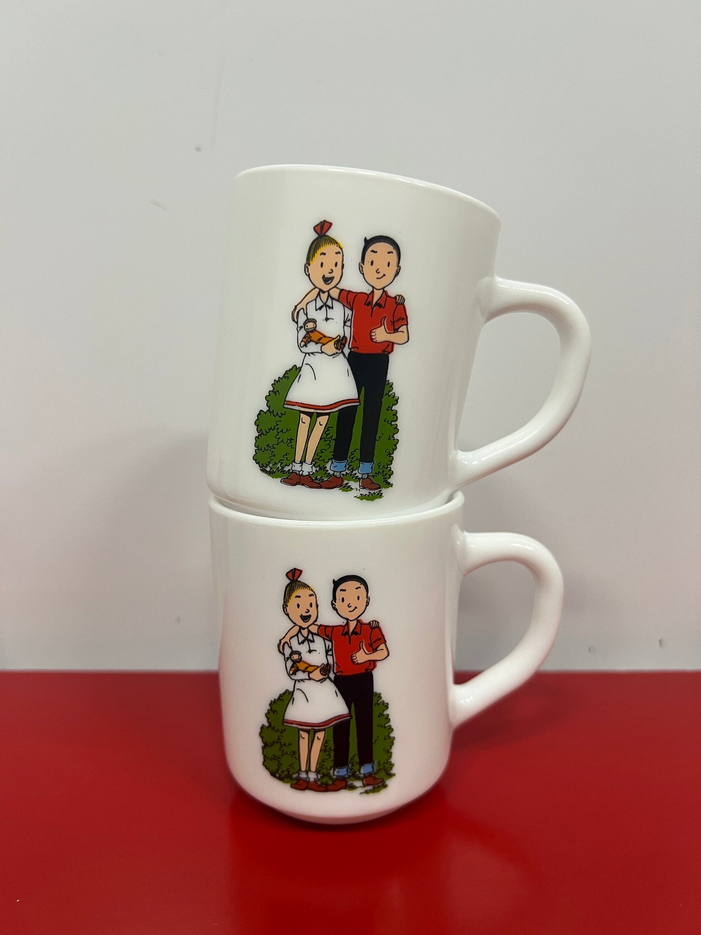 2 Suske & Wiske Mugs, Vintage Arcopal France 1995, Opal Glass Coffee Tea Milk Cups, Belgian Comic Collectible Drinkware, Gift Idea