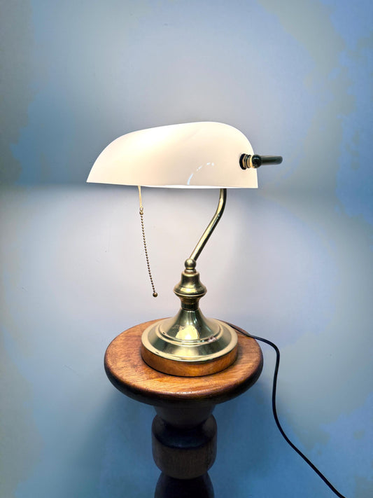 Vintage Bankers Desk Lamp, Retro Blue & White Glass Shade, Postmodern Table Lighting, Mid-Century Modern Office Lamp, Unique Home Decor