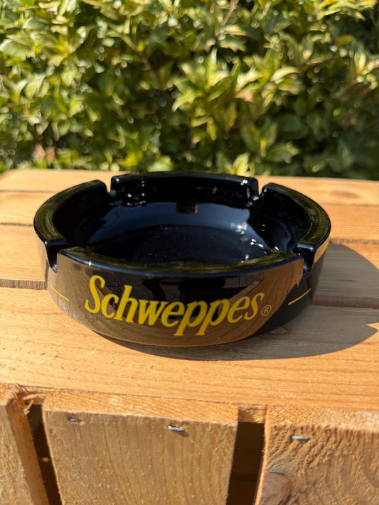 Vintage Schweppes Black Opal Glass Ashtray, Yellow Logo, Bar Advertising Collectible, 1970s Barware, Tobacco Lounge Decor