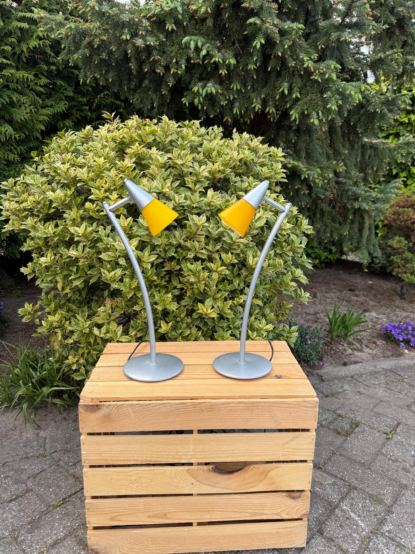 Set of 2 Vintage Table Lamps, Postmodern Design By Happy Light, Home Office Desk Lights, Yellow Glass Shades, Modern Minimal Interior