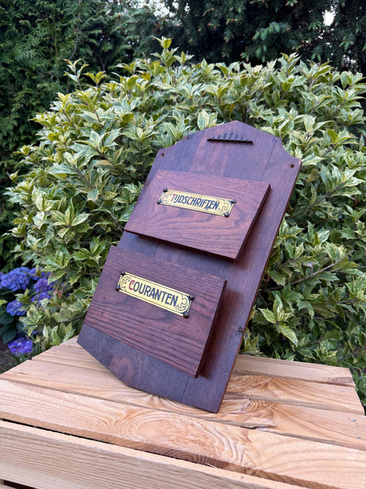 Vintage Wooden Art Deco Magazine and Newspaper Rack, Tijdschriften Couranten Holder, 1930s Dutch Deco Storage, Carved Wood Organizer