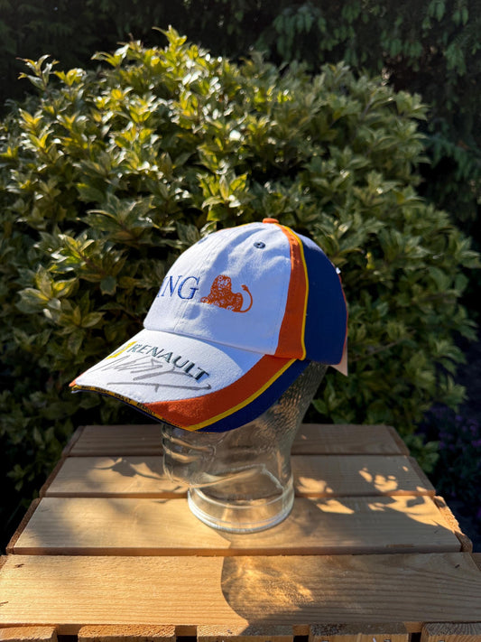 NOS Vintage Renault Formula 1 Cap, Signed by Nelson Piquet Jr., F1 Racing Hat, White and Orange Sun Hat, Collectible Motorsport Memorabilia