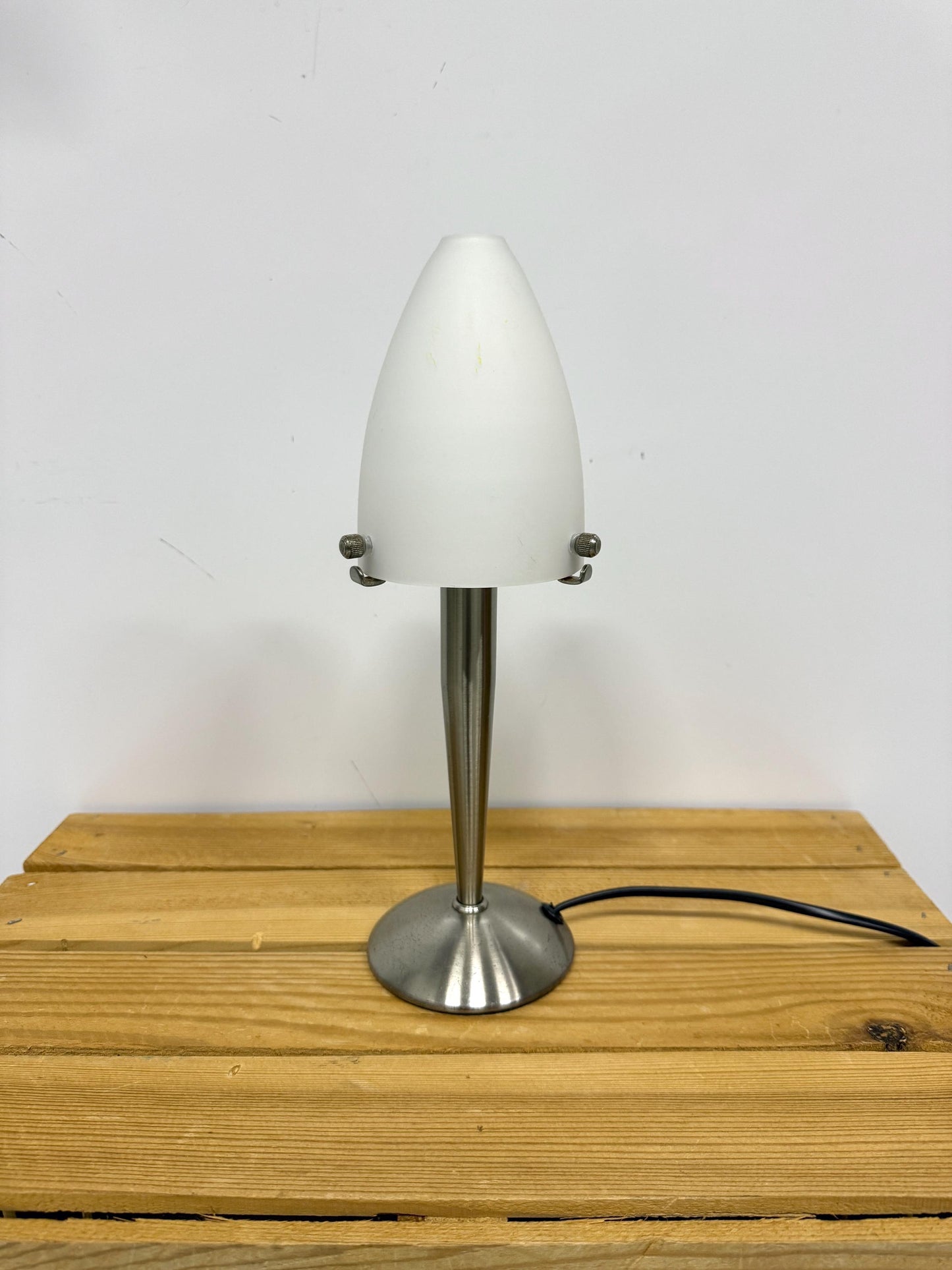 Vintage Table Lamp, Space Age Design, Glass and Chrome, Nineties Desk Lamp, Nightstand Light, White Sphere Minimalistic