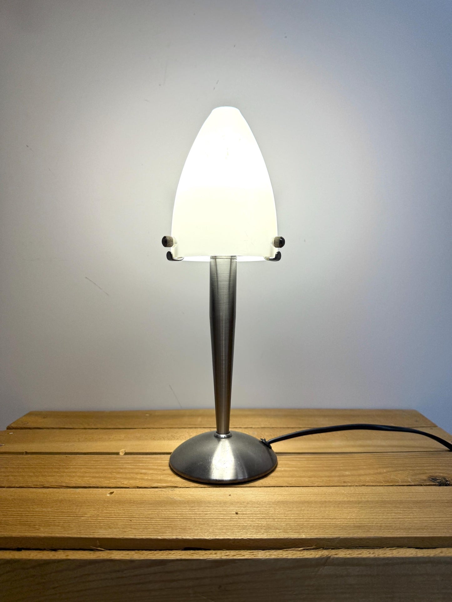 Vintage Table Lamp, Space Age Design, Glass and Chrome, Nineties Desk Lamp, Nightstand Light, White Sphere Minimalistic