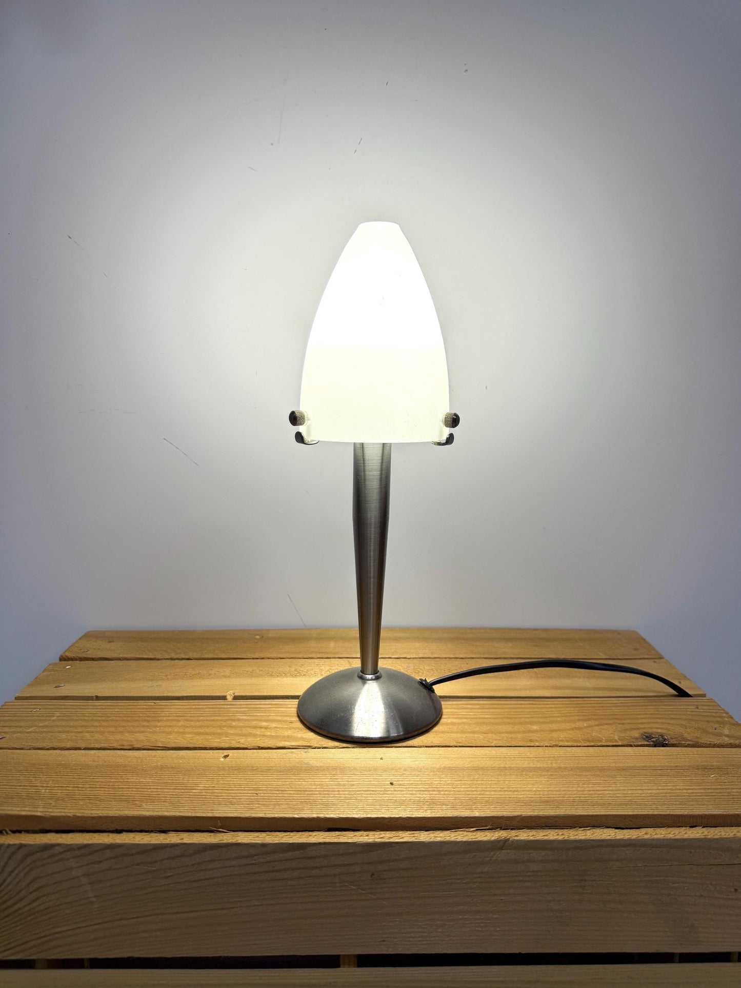 Vintage Table Lamp, Space Age Design, Glass and Chrome, Nineties Desk Lamp, Nightstand Light, White Sphere Minimalistic