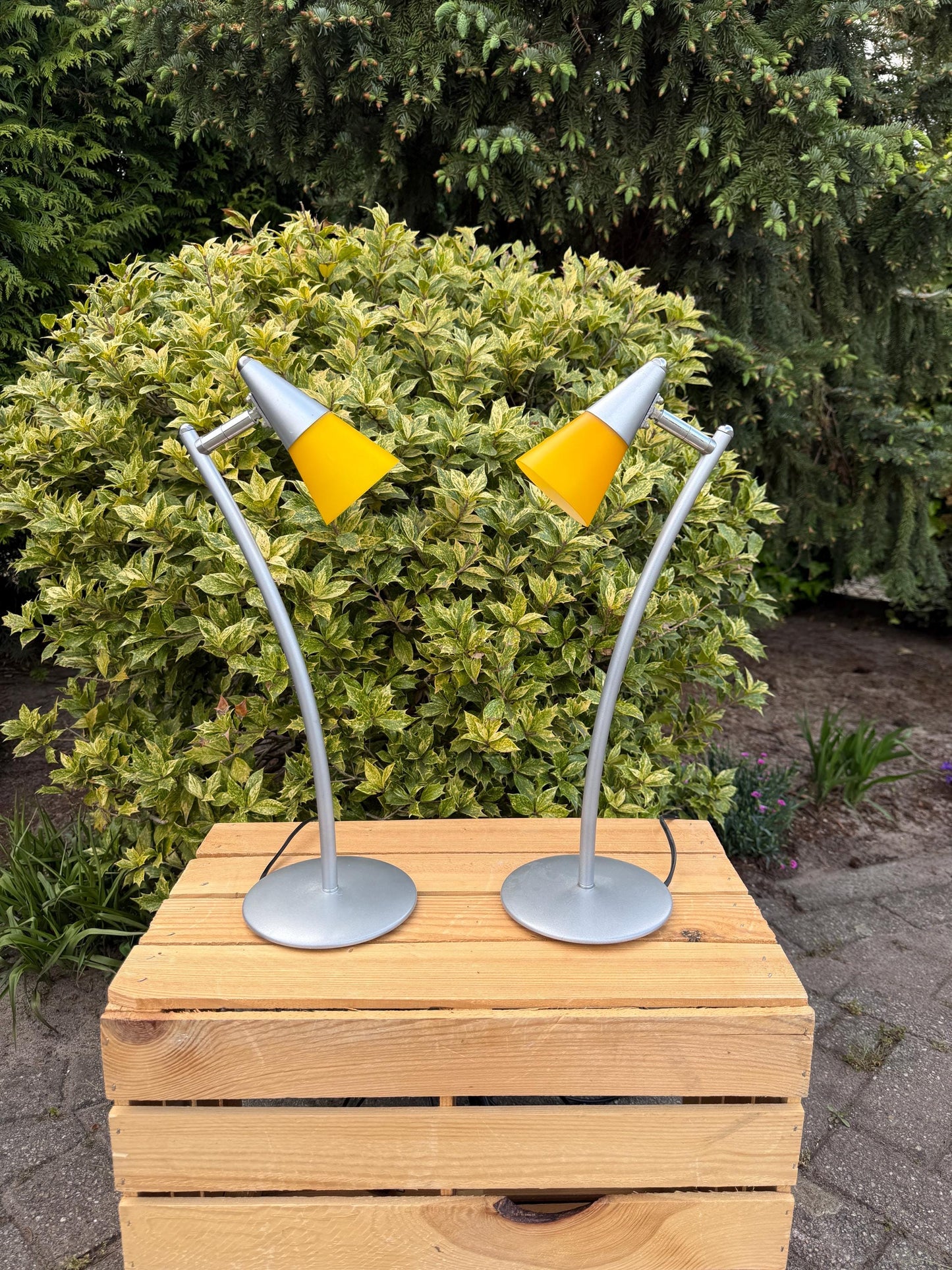 Set of 2 Vintage Table Lamps, Postmodern Design By Happy Light, Home Office Desk Lights, Yellow Glass Shades, Modern Minimal Interior