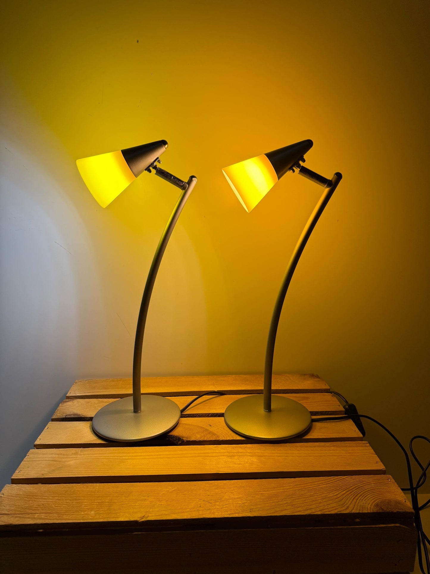 Set of 2 Vintage Table Lamps, Postmodern Design By Happy Light, Home Office Desk Lights, Yellow Glass Shades, Modern Minimal Interior