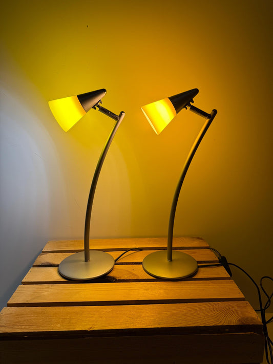 Set of 2 Vintage Table Lamps, Postmodern Design By Happy Light, Home Office Desk Lights, Yellow Glass Shades, Modern Minimal Interior