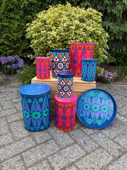 Vintage Tomado Canisters and Tray, 60s 70s Flower Power Kitchen Tins, Dutch Psychedelic Storage Set, Retro Colorful Tin Decor
