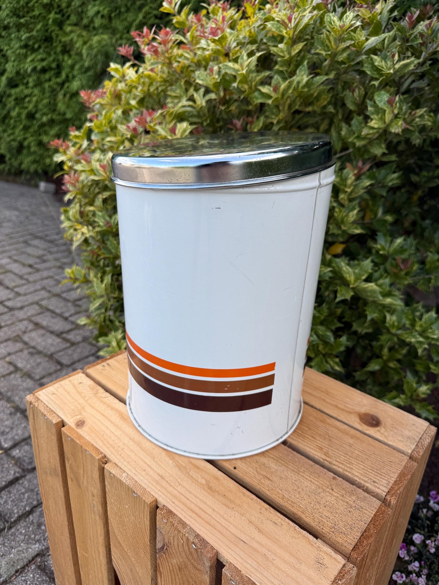 Vintage Brabantia Storage Canister, Large White Tin with Orange and Brown Stripes, Shiny Metal Lid, 1970s Dutch Kitchen Container
