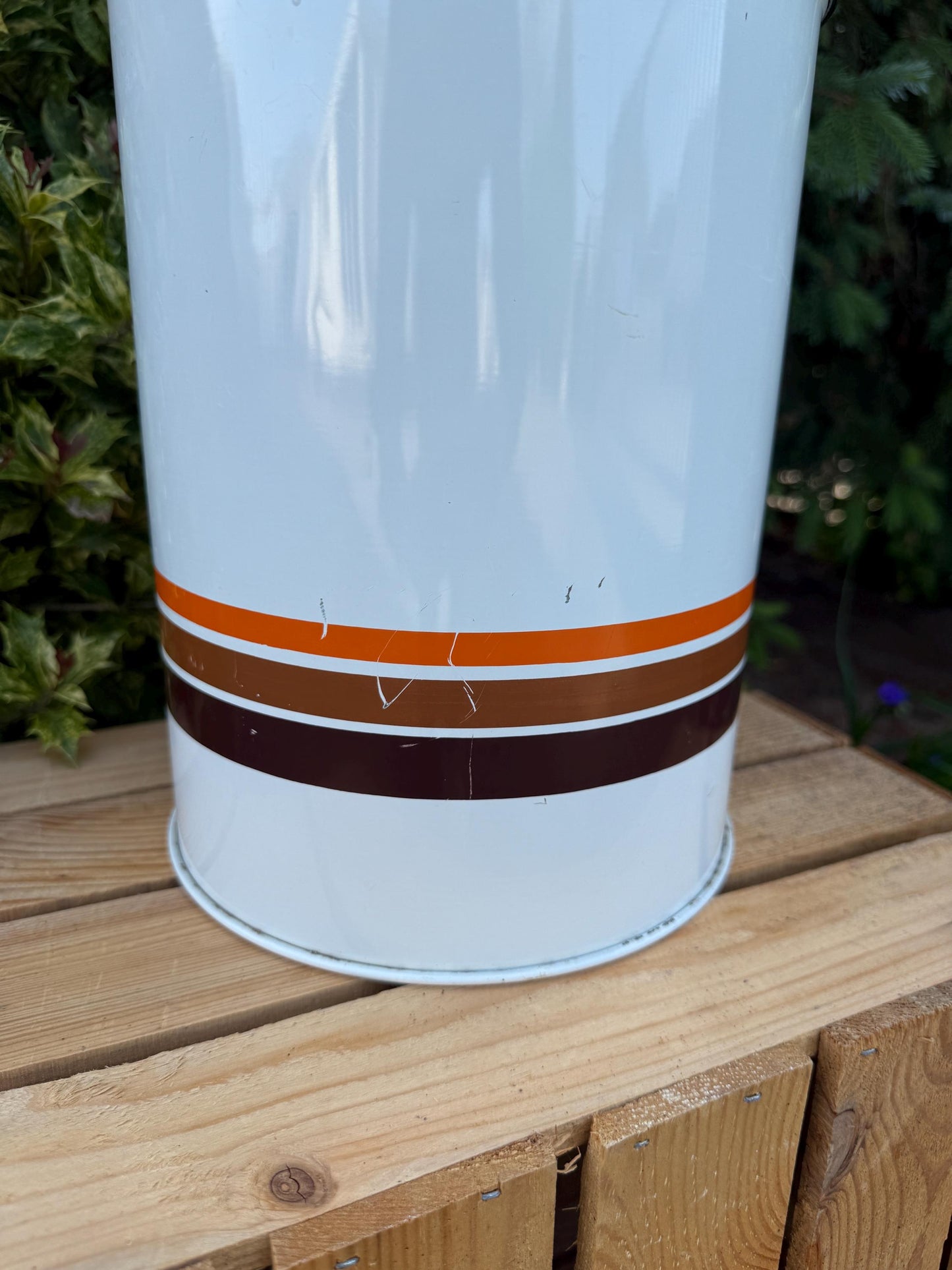 Vintage Brabantia Storage Canister, Large White Tin with Orange and Brown Stripes, Shiny Metal Lid, 1970s Dutch Kitchen Container