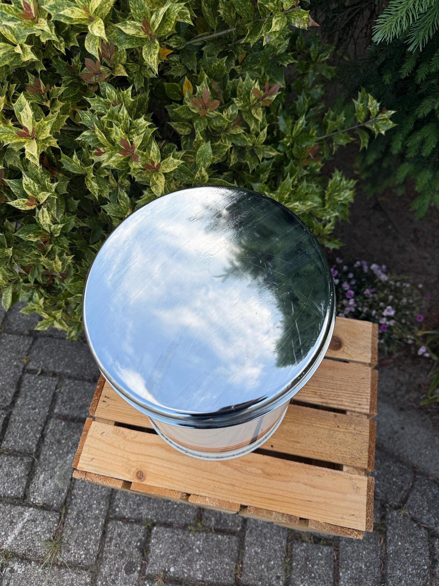 Vintage Brabantia Storage Canister, Large White Tin with Orange and Brown Stripes, Shiny Metal Lid, 1970s Dutch Kitchen Container