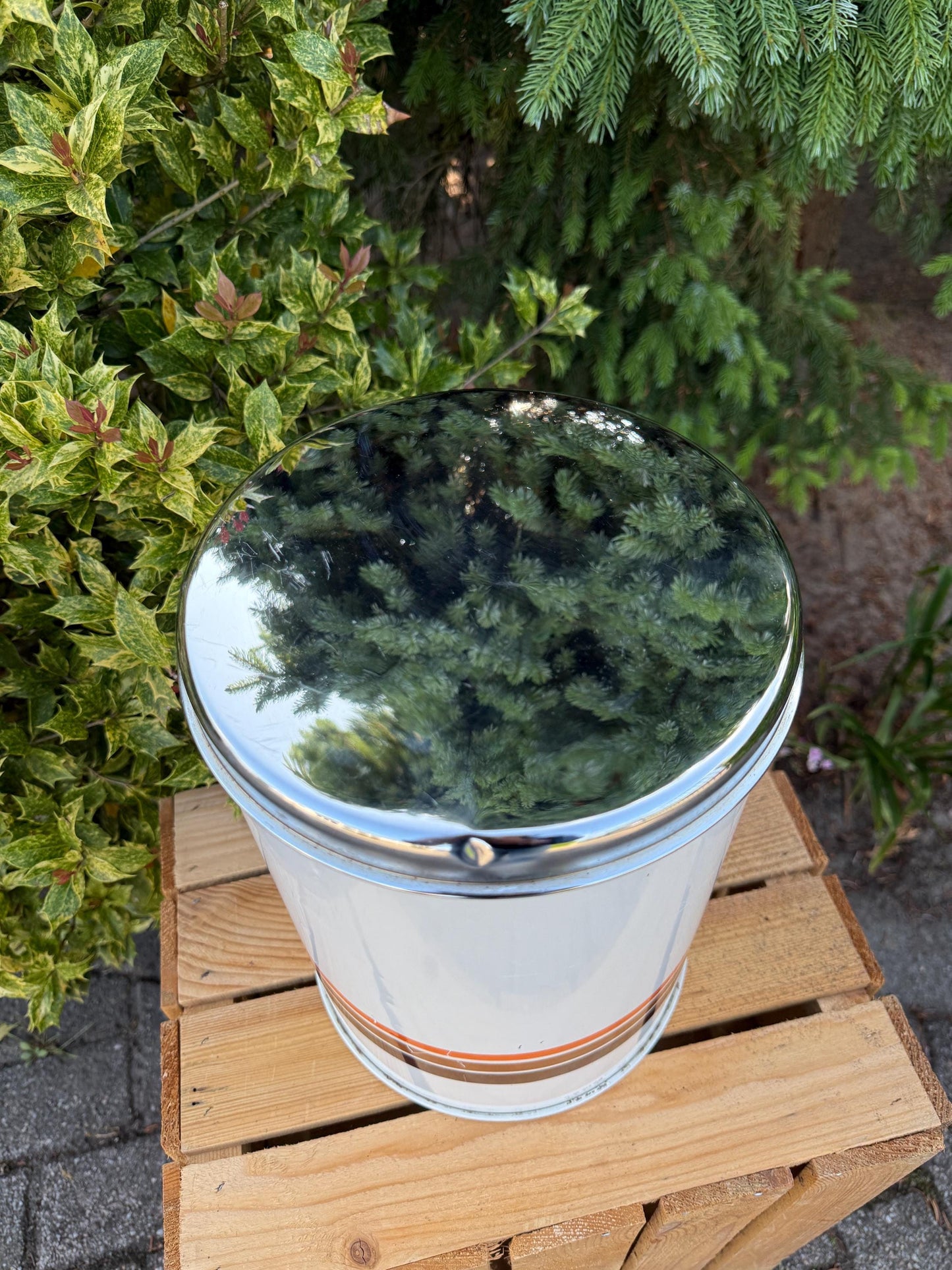Vintage Brabantia Storage Canister, Large White Tin with Orange and Brown Stripes, Shiny Metal Lid, 1970s Dutch Kitchen Container