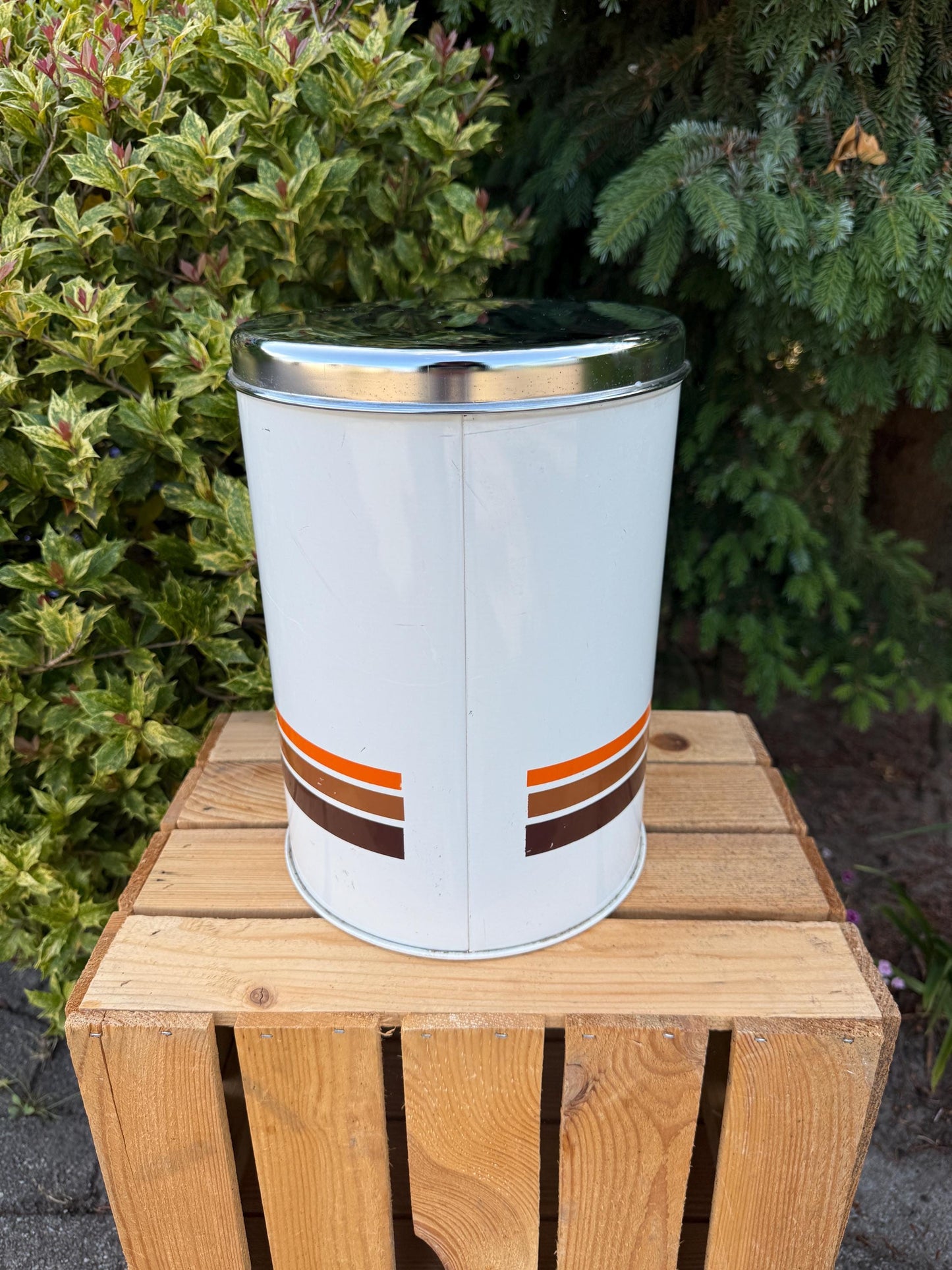 Vintage Brabantia Storage Canister, Large White Tin with Orange and Brown Stripes, Shiny Metal Lid, 1970s Dutch Kitchen Container