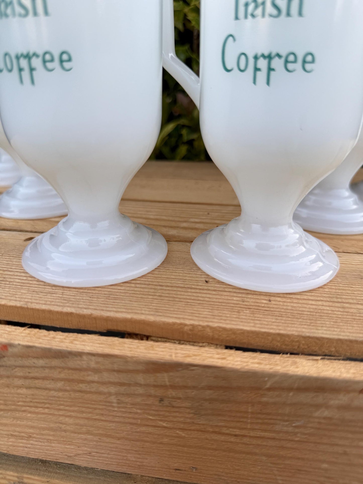 Set of 6 Vintage Irish Coffee Mugs, 1970s80s Opal Glass with Green Shamrock, Pedestal Cups with Gold Rim, Retro Barware, Pub Glass Set