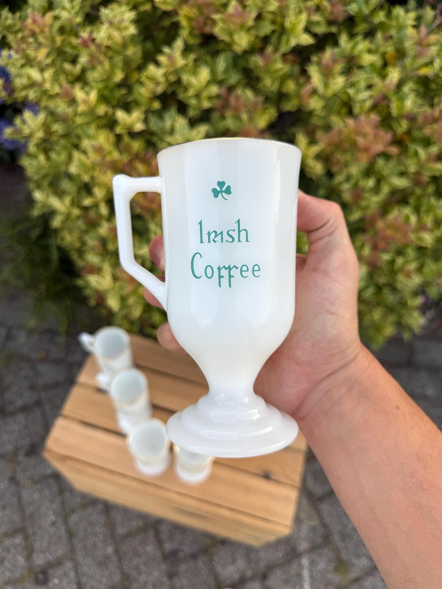 Set of 6 Vintage Irish Coffee Mugs, 1970s80s Opal Glass with Green Shamrock, Pedestal Cups with Gold Rim, Retro Barware, Pub Glass Set