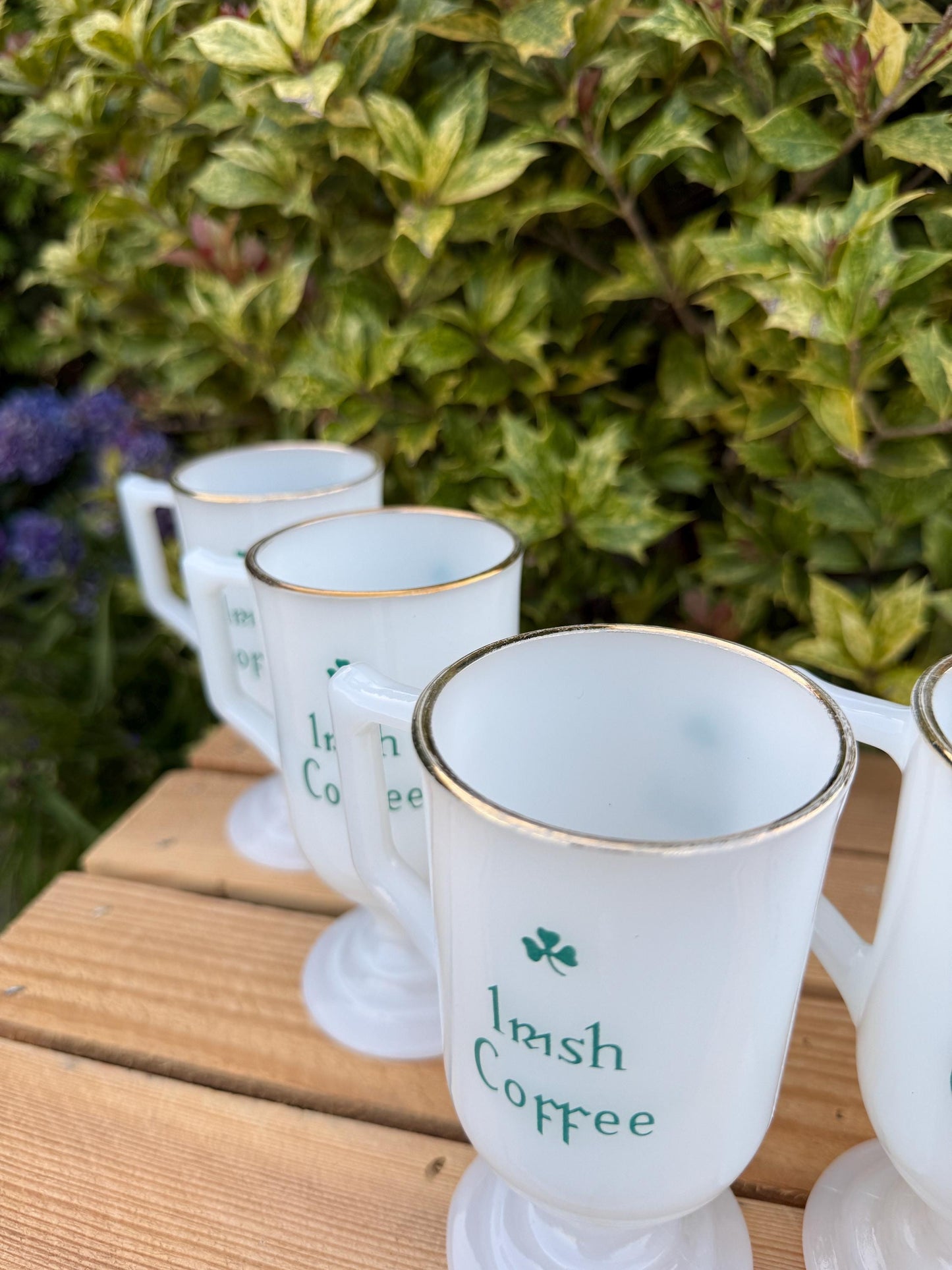 Set of 6 Vintage Irish Coffee Mugs, 1970s80s Opal Glass with Green Shamrock, Pedestal Cups with Gold Rim, Retro Barware, Pub Glass Set