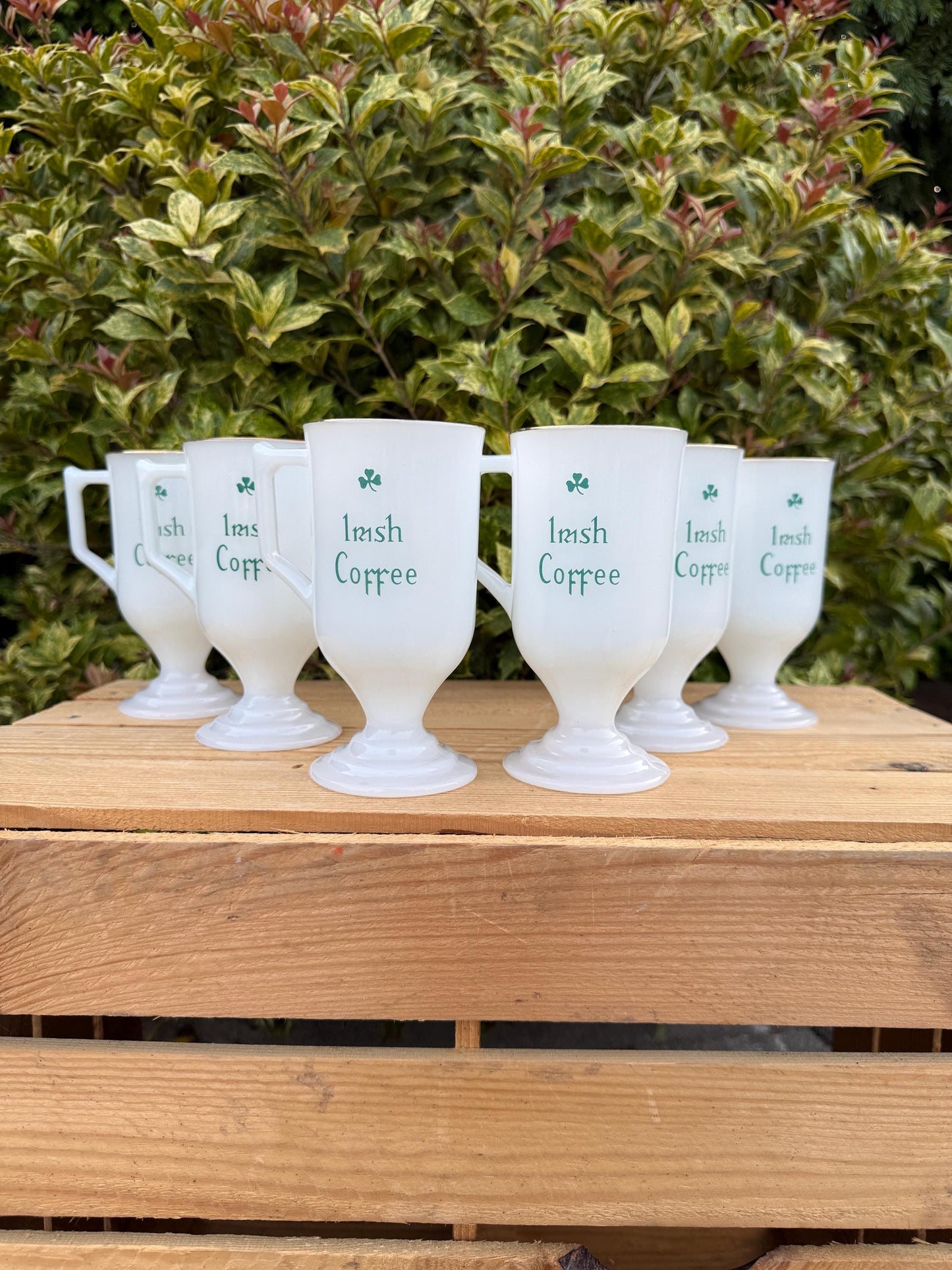 Set of 6 Vintage Irish Coffee Mugs, 1970s80s Opal Glass with Green Shamrock, Pedestal Cups with Gold Rim, Retro Barware, Pub Glass Set