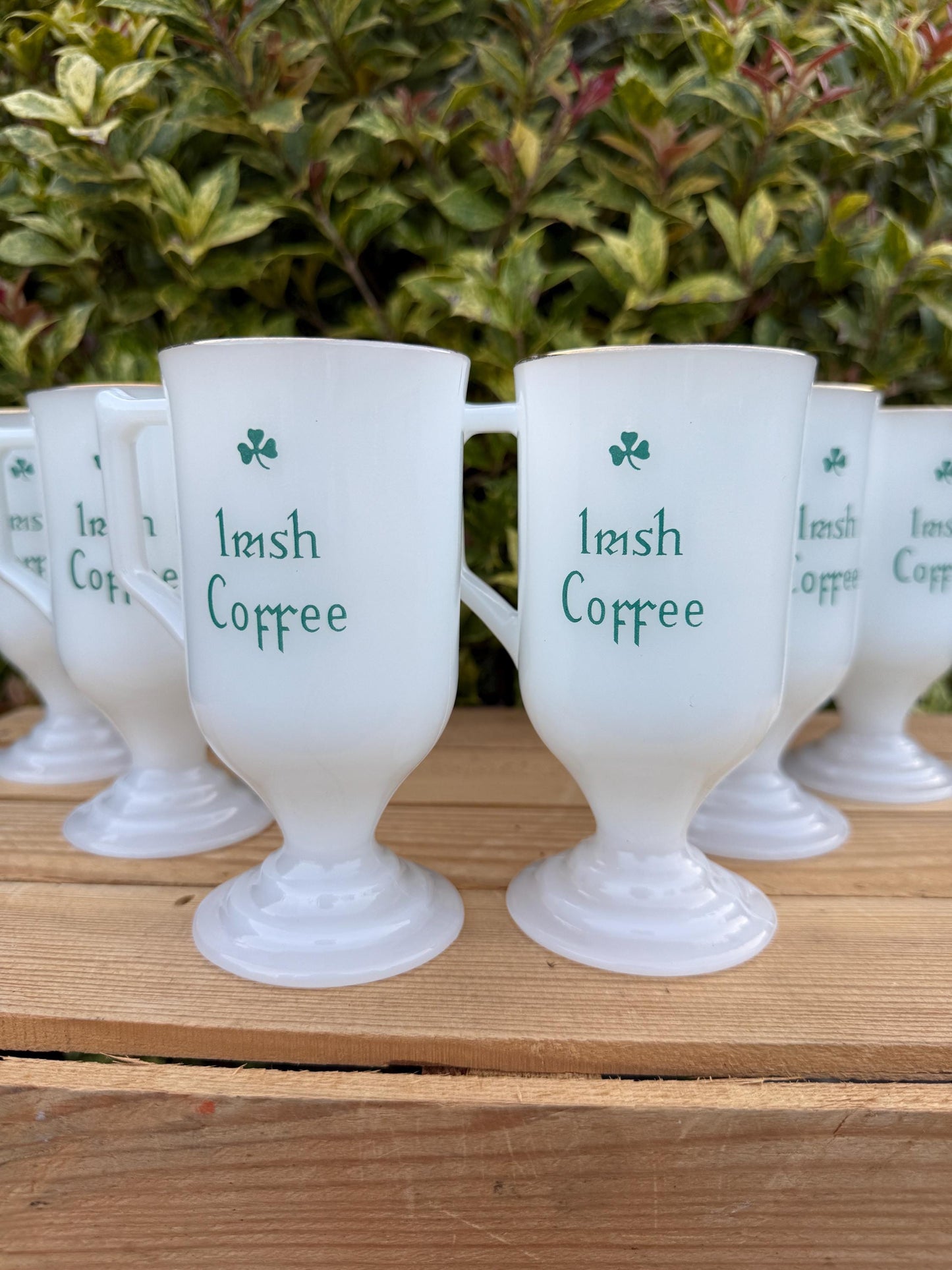 Set of 6 Vintage Irish Coffee Mugs, 1970s80s Opal Glass with Green Shamrock, Pedestal Cups with Gold Rim, Retro Barware, Pub Glass Set