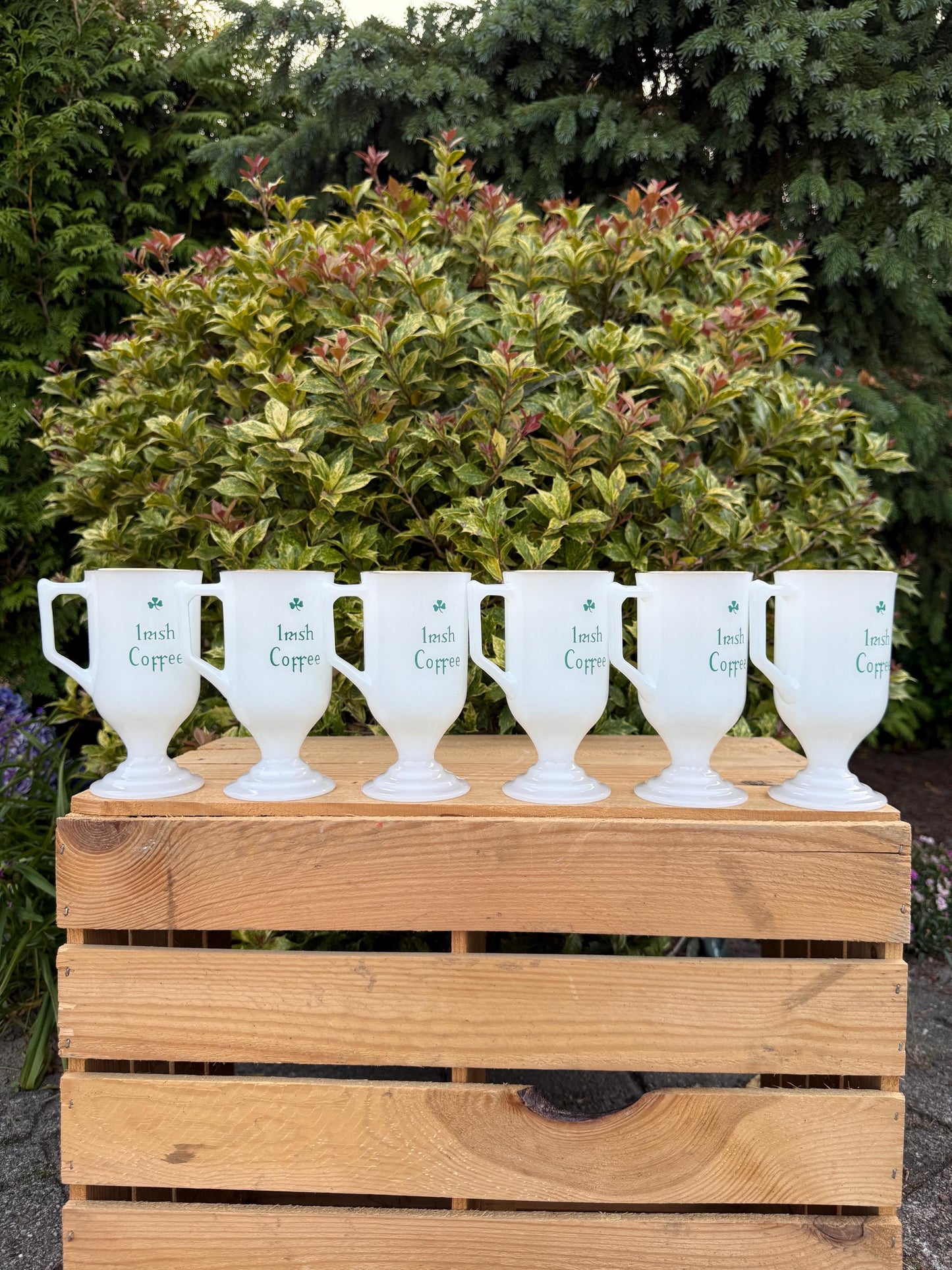 Set of 6 Vintage Irish Coffee Mugs, 1970s80s Opal Glass with Green Shamrock, Pedestal Cups with Gold Rim, Retro Barware, Pub Glass Set