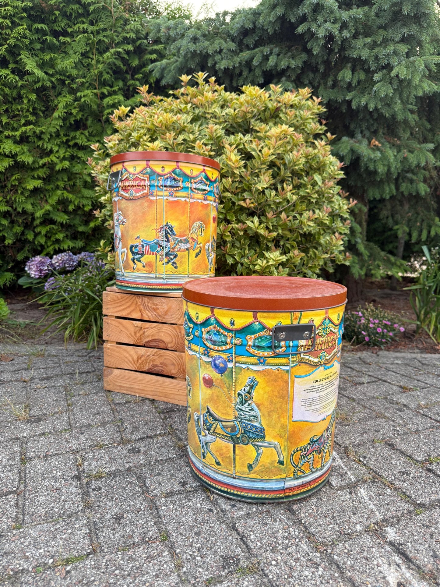 Vintage Carousel Storage Tin, Mari Pritchard Collectible Can, Fun Fair Carnival Barrel, Dentzel Carousel Company,  1980s