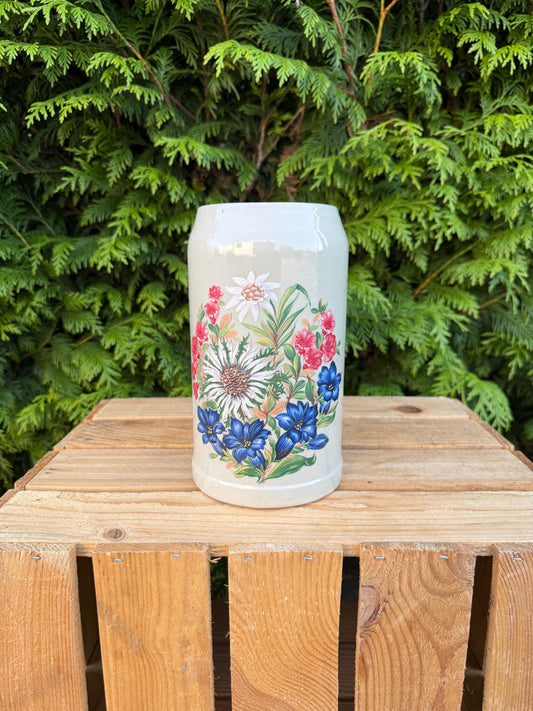 Vintage 1L Beer Stein, Floral Stoneware Beer Mug, German Tankard, Rustic Pitcher, Oktoberfest Decor, Hand-Painted Flower Design