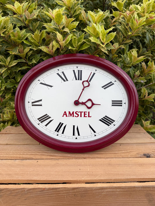 Vintage Amstel Wall Clock, Oval Shape, Dark Red Frame, Roman Numerals, Bar Pub Café Decor, Retro Beer Advertising Clock