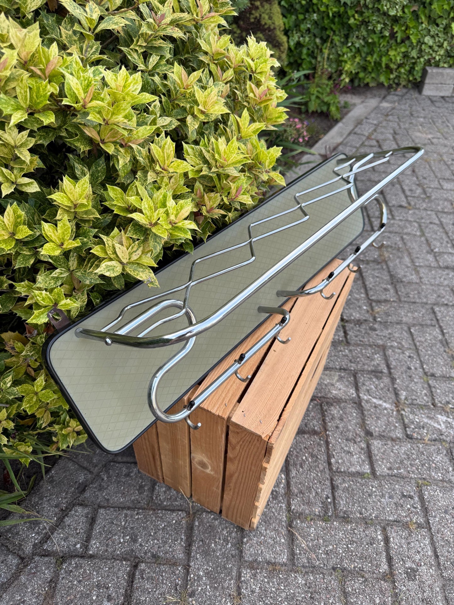 Vintage Mid-Century Coat Rack, 1960s Wall-Mounted Mirror Hall Rack, Chrome Hooks & Hat Shelf, Retro Entryway Organizer