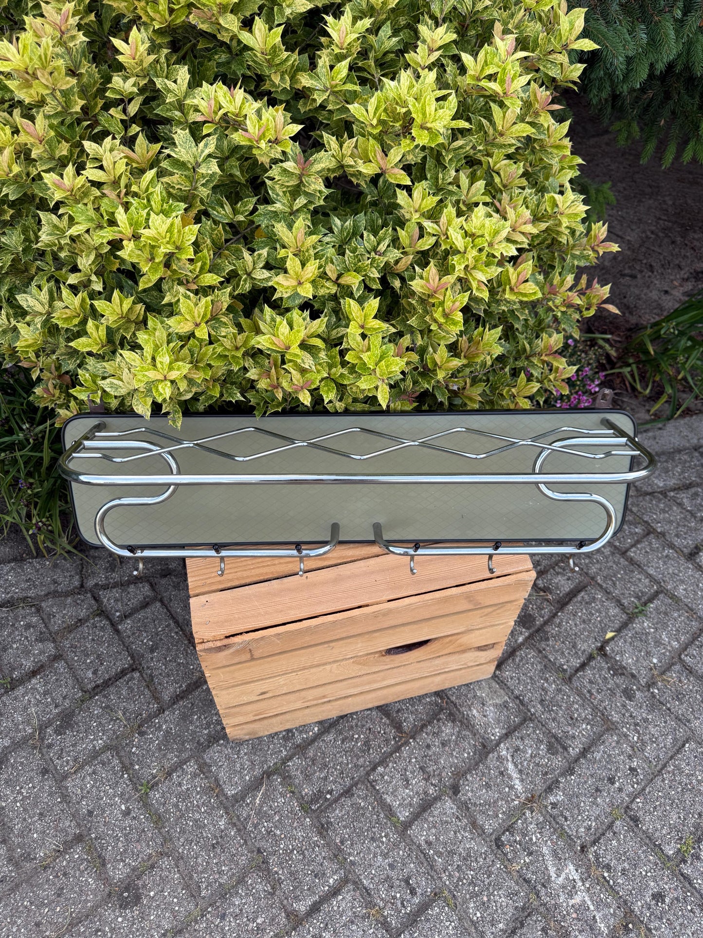 Vintage Mid-Century Coat Rack, 1960s Wall-Mounted Mirror Hall Rack, Chrome Hooks & Hat Shelf, Retro Entryway Organizer