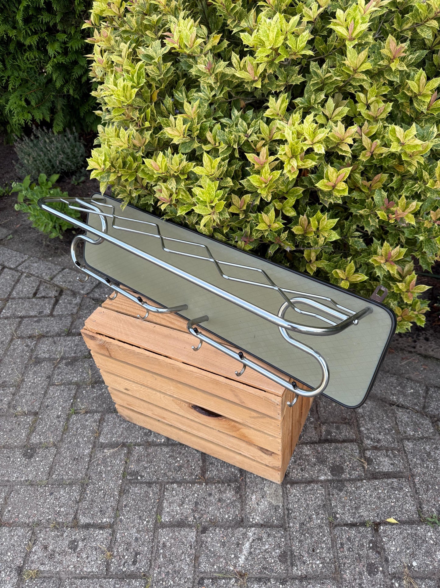 Vintage Mid-Century Coat Rack, 1960s Wall-Mounted Mirror Hall Rack, Chrome Hooks & Hat Shelf, Retro Entryway Organizer