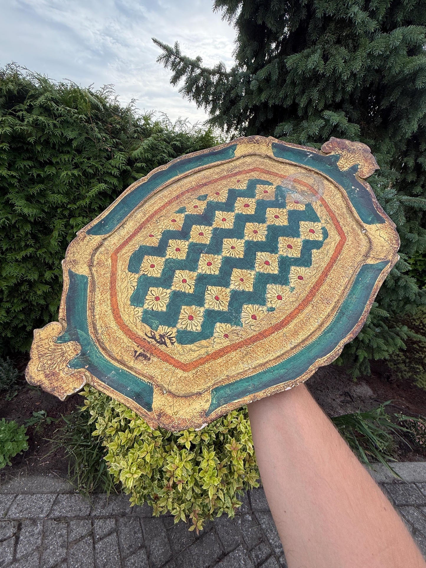 Vintage Florentine Tray, Italian Toleware, Hand-Painted Wood, Green Gold Gilt, Baroque Style, Serving Platter, Made in Italy