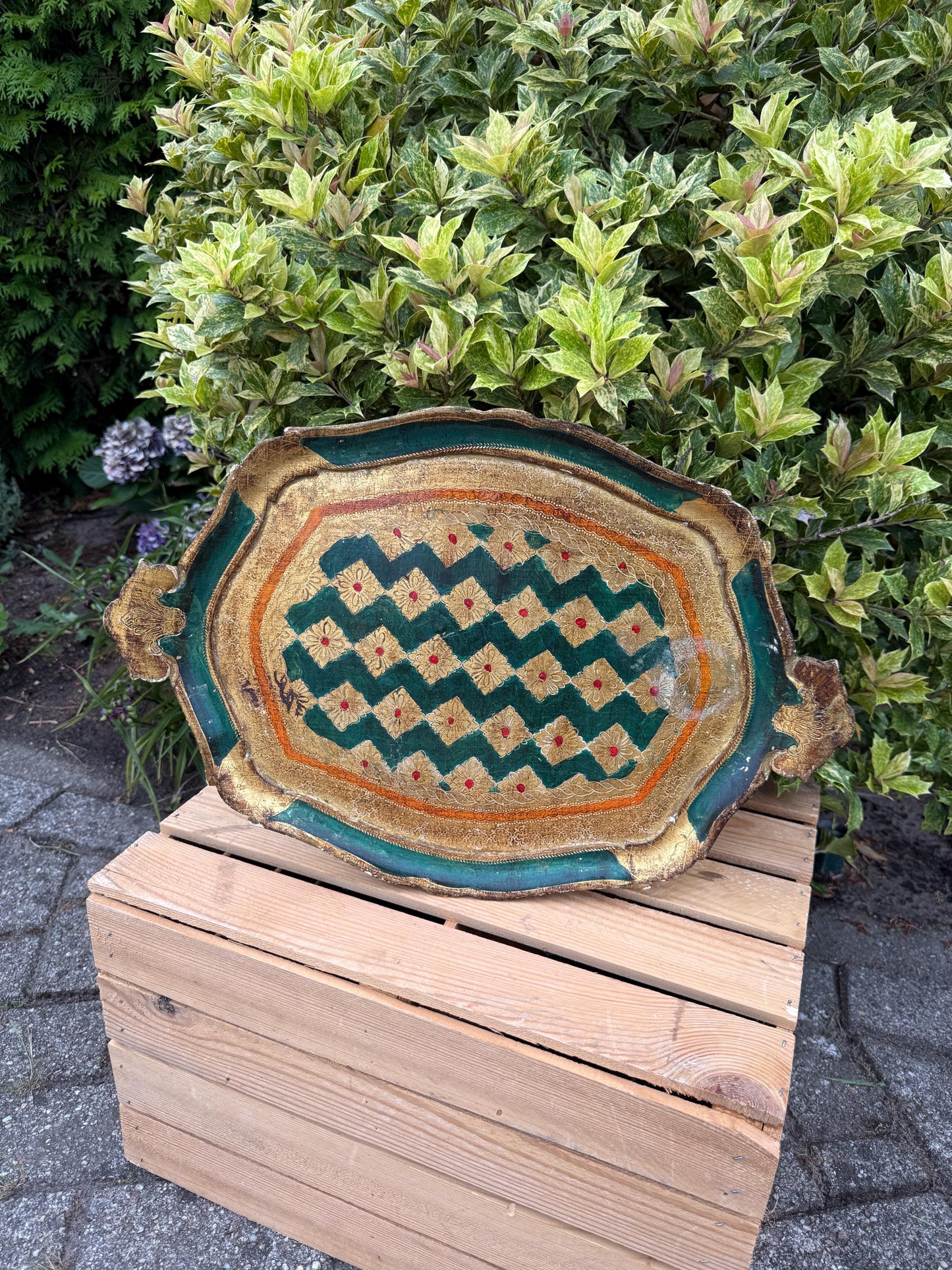 Vintage Florentine Tray, Italian Toleware, Hand-Painted Wood, Green Gold Gilt, Baroque Style, Serving Platter, Made in Italy