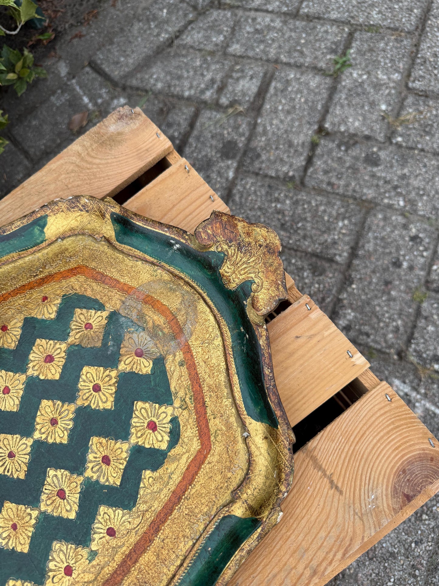 Vintage Florentine Tray, Italian Toleware, Hand-Painted Wood, Green Gold Gilt, Baroque Style, Serving Platter, Made in Italy