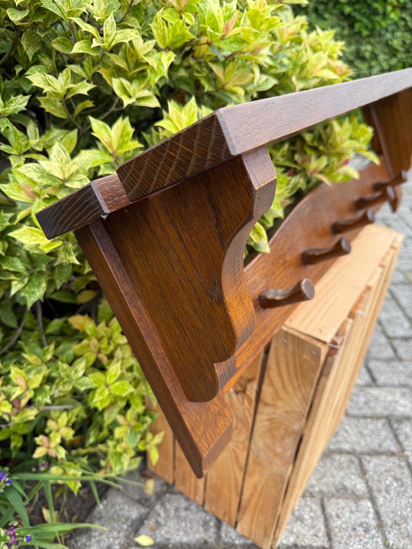 Vintage Wooden Coat Rack with Shelf, Farmhouse Hallway Organizer, Rustic Wall Hook Rail, Country Style Entryway Storage, Solid Oak Hanger