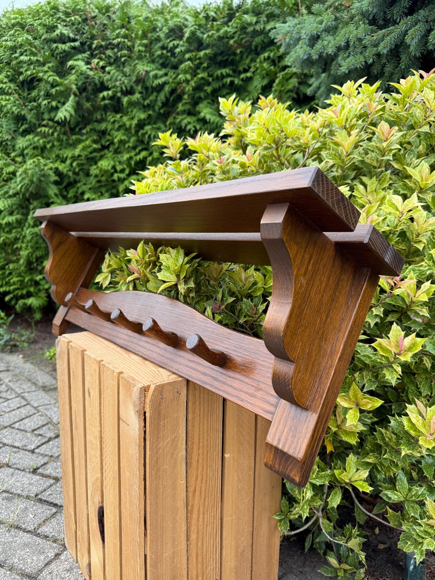 Vintage Wooden Coat Rack with Shelf, Farmhouse Hallway Organizer, Rustic Wall Hook Rail, Country Style Entryway Storage, Solid Oak Hanger