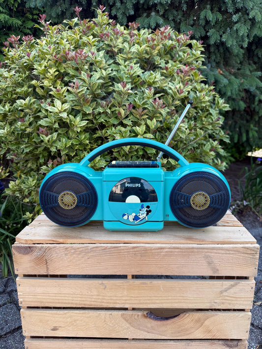 Vintage 1985 Philips Roller 2 Radio, Blue Mickey Mouse Portable AM FM Player, Retro Boombox, Cassette Untested, Disney Collectible