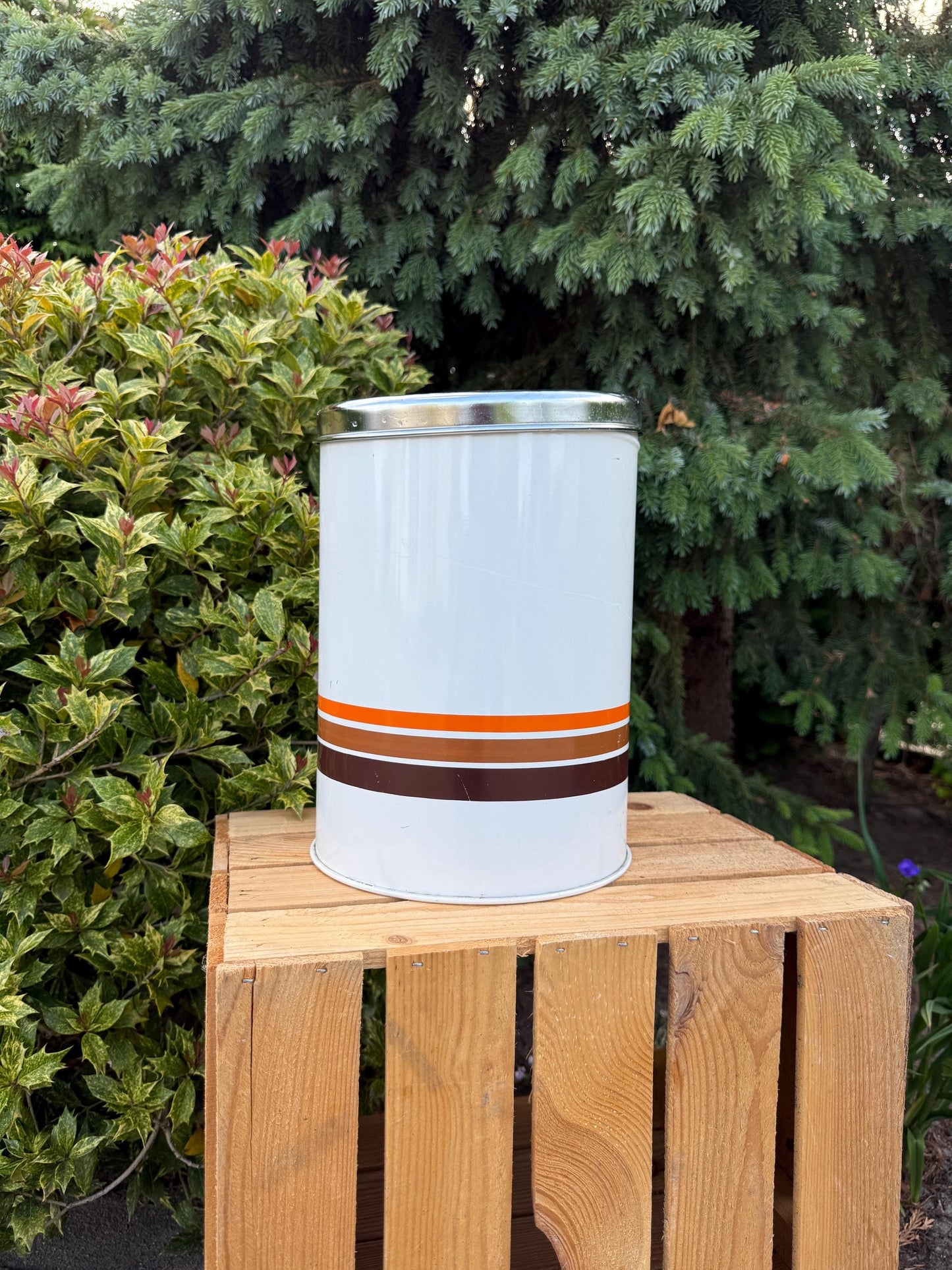 Vintage Brabantia Storage Canister, Large White Tin with Orange and Brown Stripes, Shiny Metal Lid, 1970s Dutch Kitchen Container