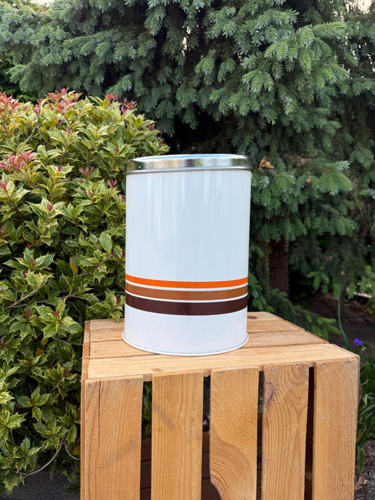 Vintage Brabantia Storage Canister, Large White Tin with Orange and Brown Stripes, Shiny Metal Lid, 1970s Dutch Kitchen Container