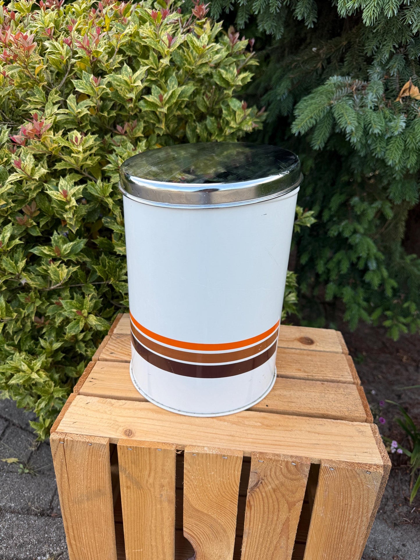 Vintage Brabantia Storage Canister, Large White Tin with Orange and Brown Stripes, Shiny Metal Lid, 1970s Dutch Kitchen Container