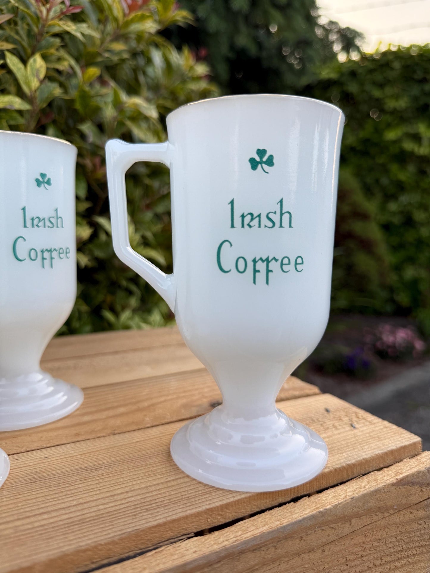 Set of 6 Vintage Irish Coffee Mugs, 1970s80s Opal Glass with Green Shamrock, Pedestal Cups with Gold Rim, Retro Barware, Pub Glass Set